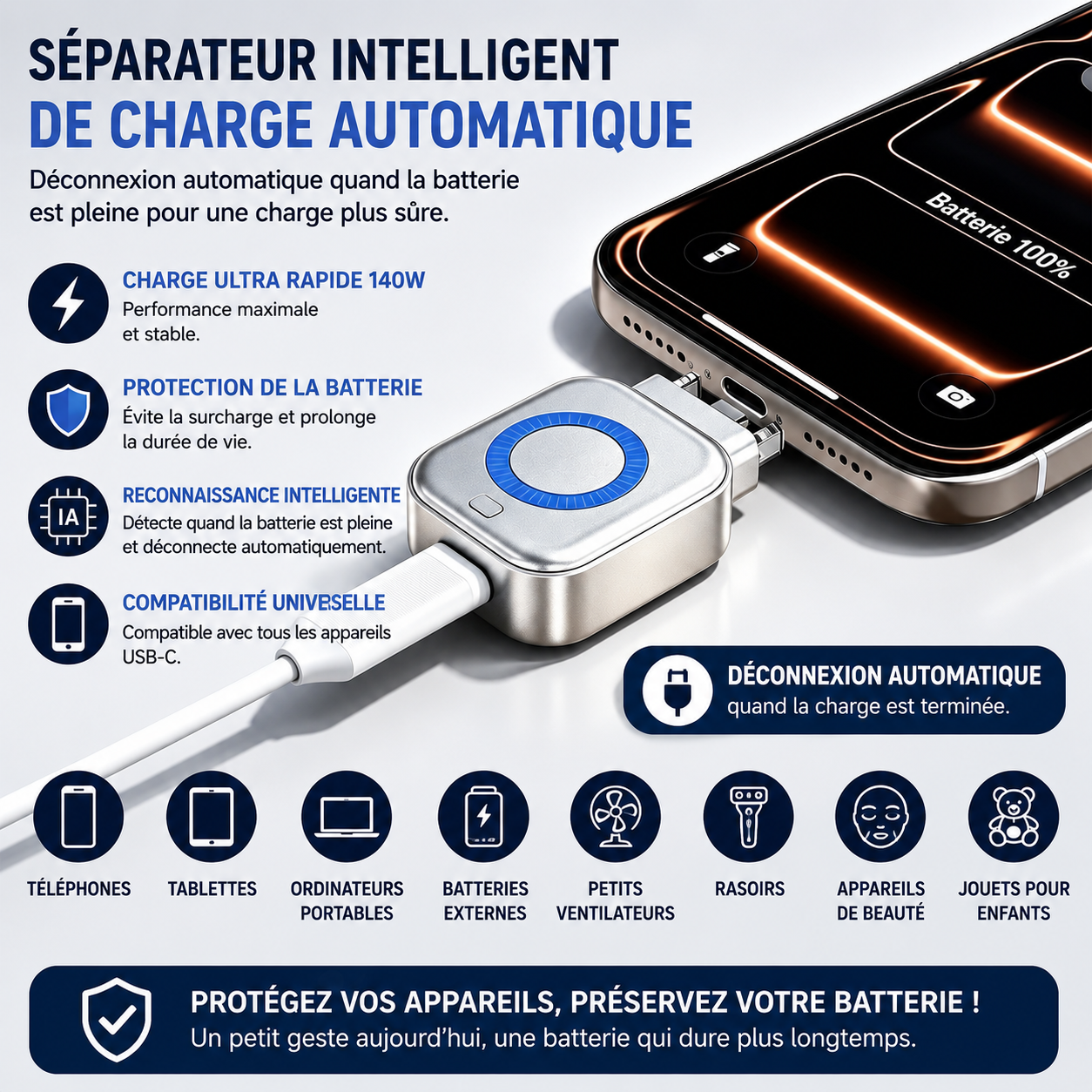 StopCharge™ :Votre téléphone vaut cher. Protégez automatiquement la batterie, même pendant votre sommeil.